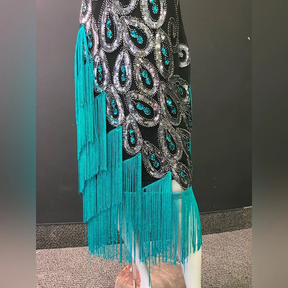 BabeYond black green and Silver peacock embroidered fringe flapper dress XL - Picture 4 of 15